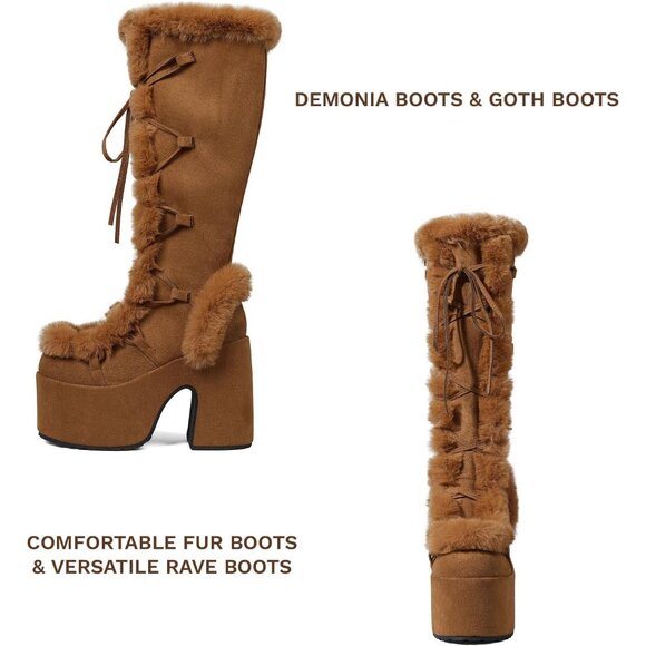 ⚡Women Chestnut02 Synthetic Mid Calf Lace Up Chunky High Heel Warm Fur Snow Boot - Picture 3 of 6